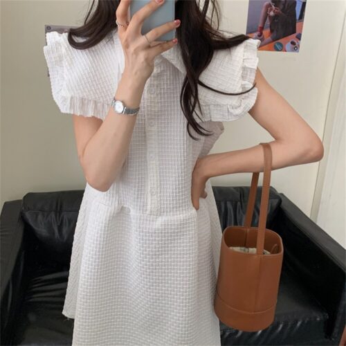 Summer Turn-Down Collar Sleeveless Ruffles Solid Mini Dress - Image 3