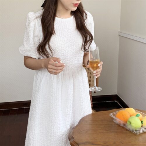 Summer O-Neck Puff Sleeves Back Lace-Up High Waist Maxi dress - Image 2
