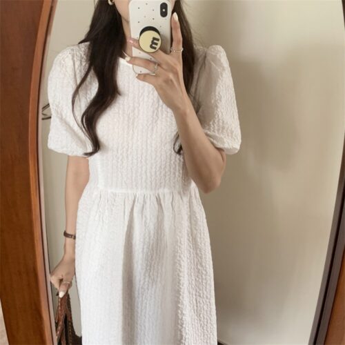 Summer O-Neck Puff Sleeves Back Lace-Up High Waist Maxi dress - Image 4