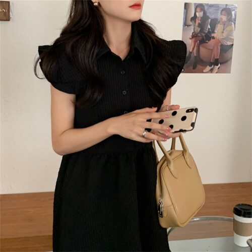 Summer Turn-Down Collar Sleeveless Ruffles Solid Mini Dress - Image 5