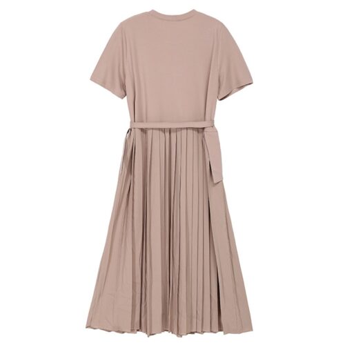 Summer O-Neck Short Sleeves Asymmetrical Pleated Dress with Belt - Image 2