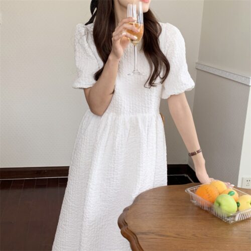 Summer O-Neck Puff Sleeves Back Lace-Up High Waist Maxi dress - Image 3