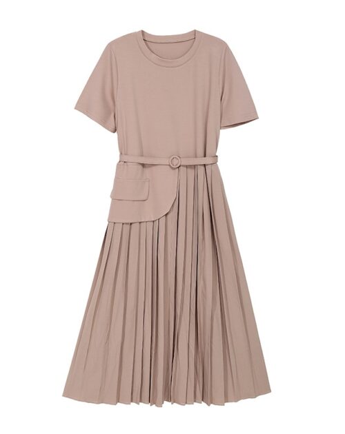 Summer O-Neck Short Sleeves Asymmetrical Pleated Dress with Belt