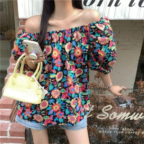 Summer Off-Shoulder Short Sleeves Floral Print Blouse - Image 2