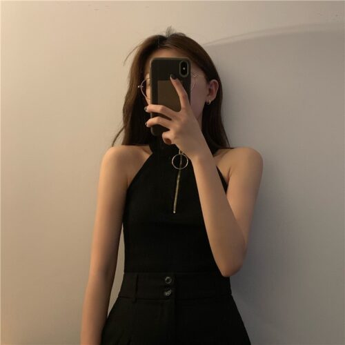 Summer Korean Halter-Neck Zipper Solid Tank Top - Image 8