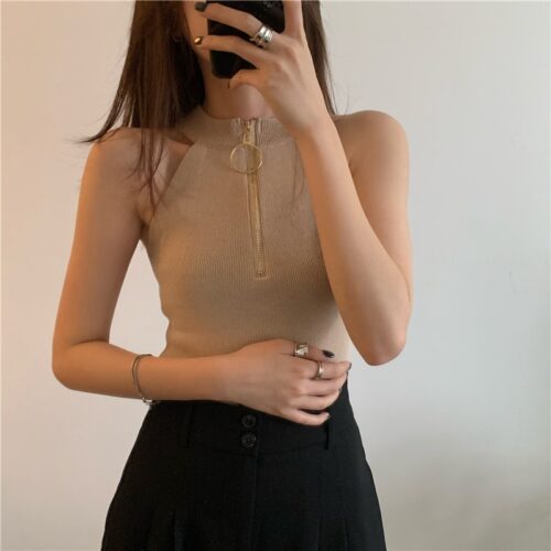 Summer Korean Halter-Neck Zipper Solid Tank Top - Image 2