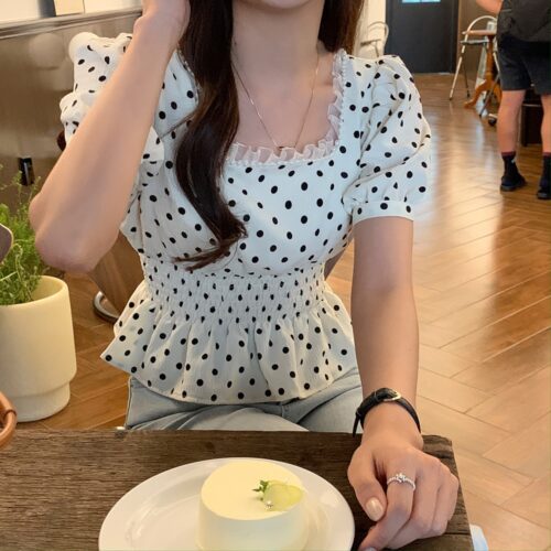 Summer Pearls Square Collar Short Sleeves Waist-Controlled Polka Dots Blouse - Image 3