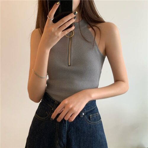Summer Korean Halter-Neck Zipper Solid Tank Top