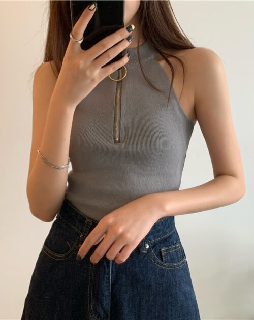 Summer Korean Halter-Neck Zipper Solid Tank Top