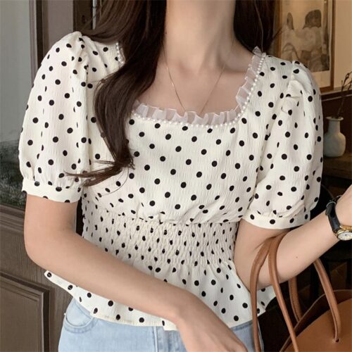 Summer Pearls Square Collar Short Sleeves Waist-Controlled Polka Dots Blouse