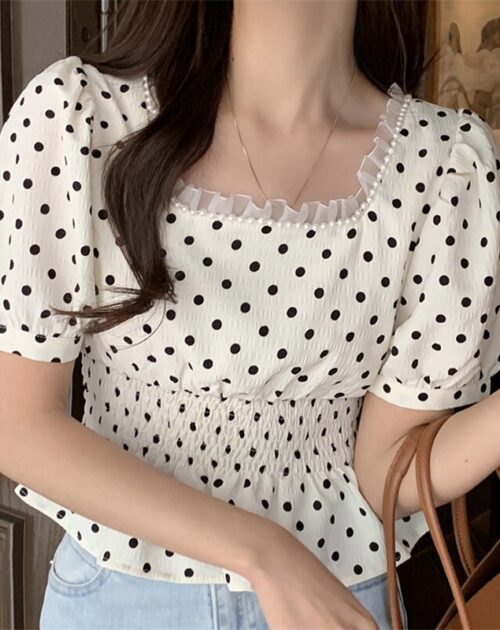 Summer Pearls Square Collar Short Sleeves Waist-Controlled Polka Dots Blouse