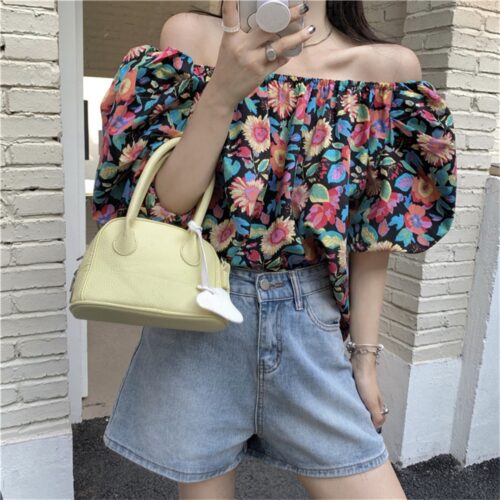 Summer Off-Shoulder Short Sleeves Floral Print Blouse - Image 3