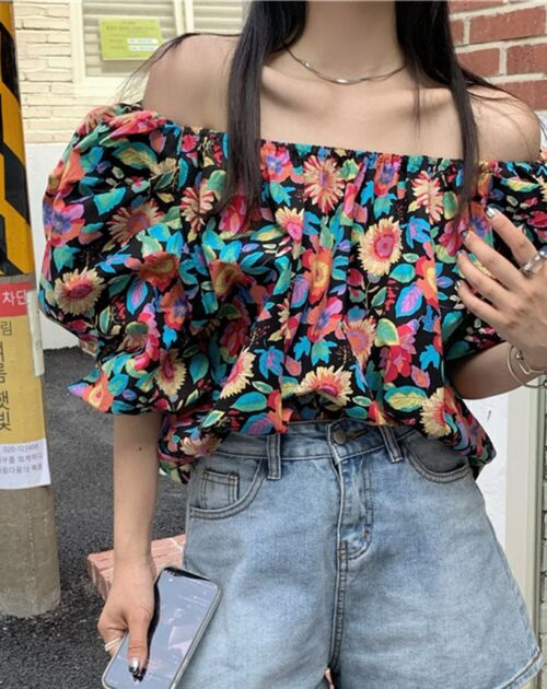 Summer Off-Shoulder Short Sleeves Floral Print Blouse