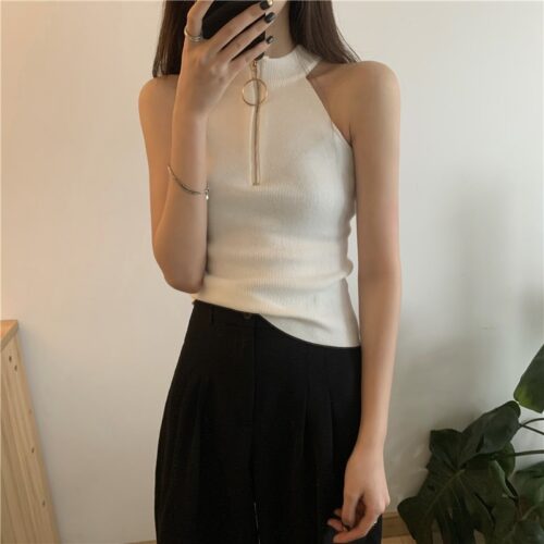 Summer Korean Halter-Neck Zipper Solid Tank Top - Image 5