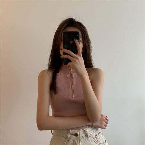 Summer Korean Halter-Neck Zipper Solid Tank Top - Image 10
