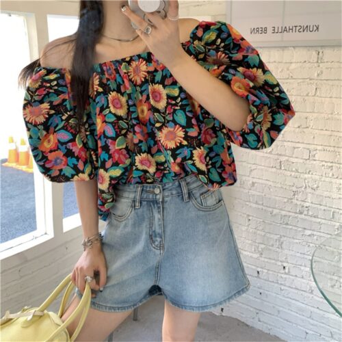 Summer Off-Shoulder Short Sleeves Floral Print Blouse - Image 5