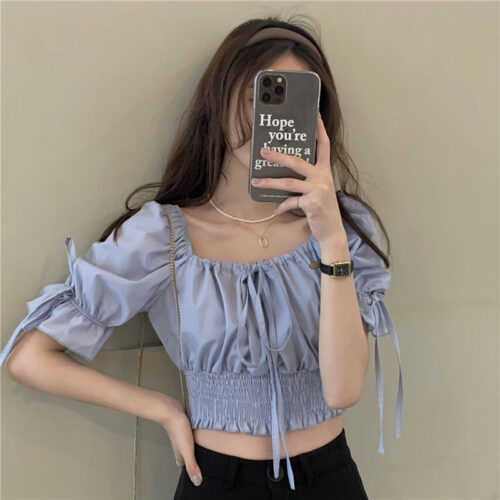 Summer Korean Square Lace-Up Collar Short Sleeves Drawstrings Waist-Controlled Crop Blouse - Image 5