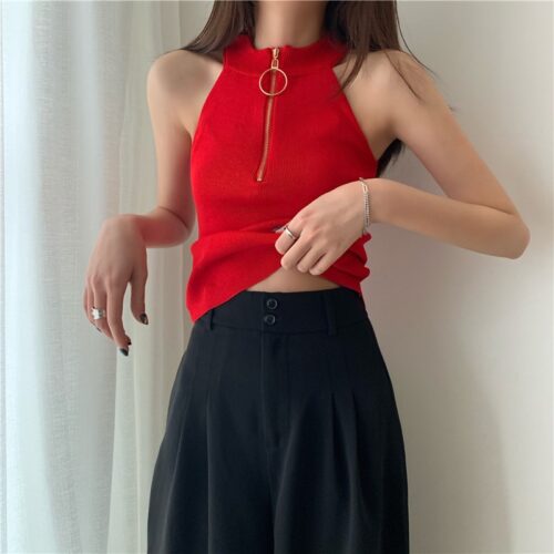 Summer Korean Halter-Neck Zipper Solid Tank Top - Image 4