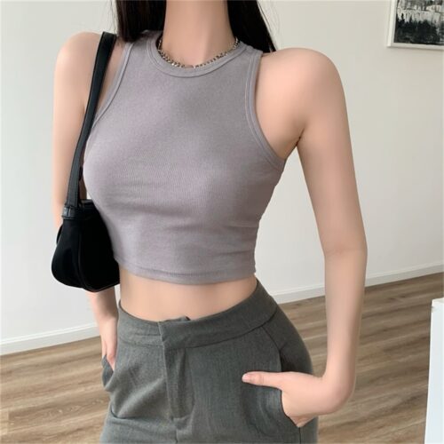 Summer O-Neck Ribbed Solid Crop Tank Top