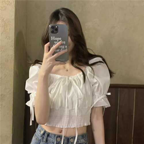Lace-Up Collar Short Sleeves Drawstrings Waist-Controlled Crop Blouse