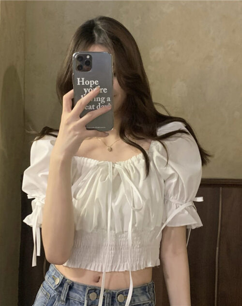 Lace-Up Collar Short Sleeves Drawstrings Waist-Controlled Crop Blouse