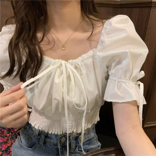 Summer Korean Square Lace-Up Collar Short Sleeves Drawstrings Waist-Controlled Crop Blouse - Image 3
