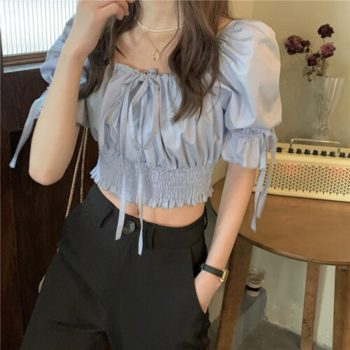 Summer Korean Square Lace-Up Collar Short Sleeves Drawstrings Waist-Controlled Crop Blouse - Image 6
