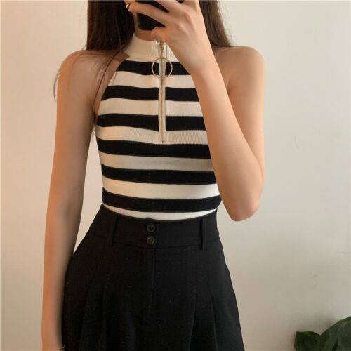 Summer Korean Halter-Neck Zipper Solid Tank Top - Image 7