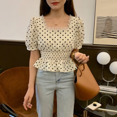 Summer Pearls Square Collar Short Sleeves Waist-Controlled Polka Dots Blouse - Image 2