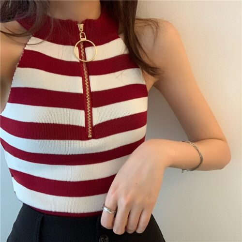 Summer Korean Halter-Neck Zipper Solid Tank Top - Image 3