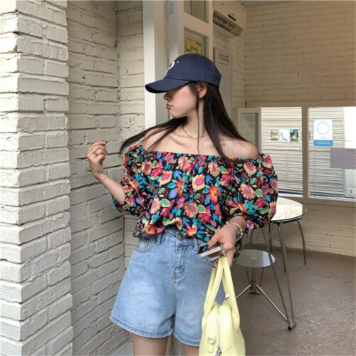 Summer Off-Shoulder Short Sleeves Floral Print Blouse - Image 4
