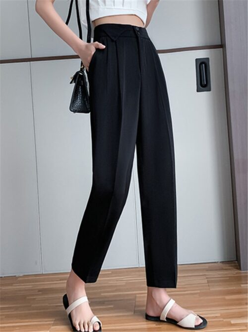 Summer High Waist Buttons Ankle-Length Solid Suit Pants - Image 3