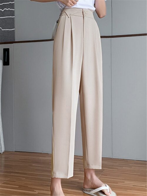 Summer High Waist Buttons Ankle-Length Solid Suit Pants - Image 2