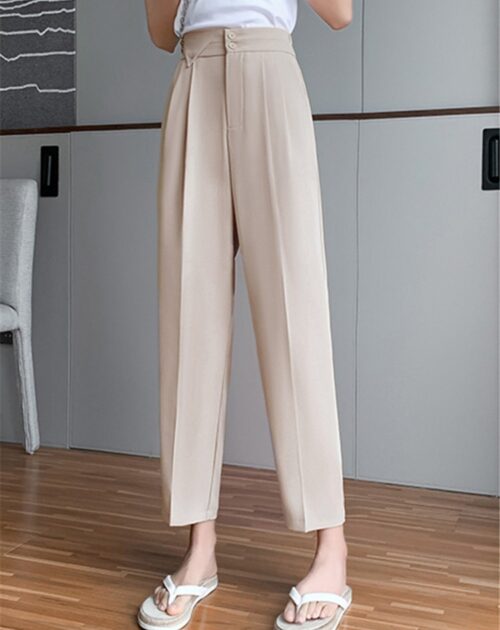 High Waist Buttons Ankle-Length Solid Suit Pants