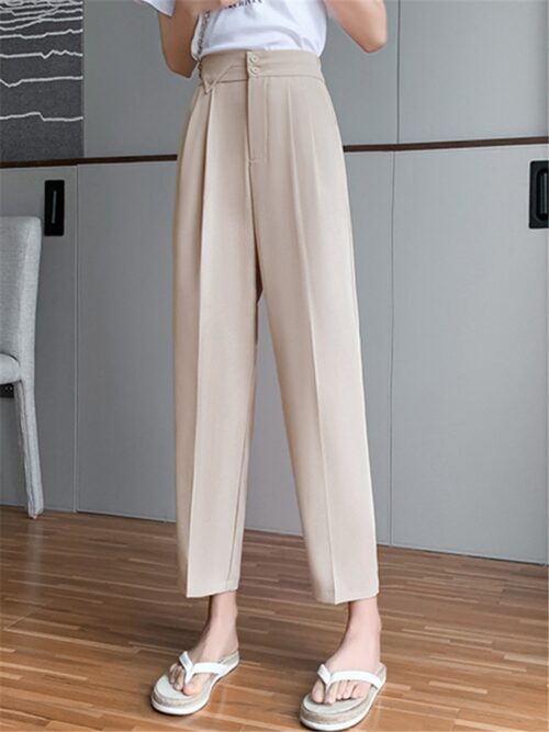 High Waist Buttons Ankle-Length Solid Suit Pants