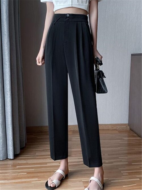 Summer High Waist Buttons Ankle-Length Solid Suit Pants - Image 4
