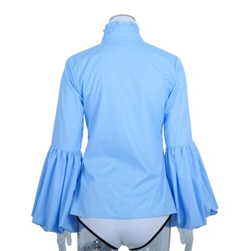 Spring / Autumn Ruffle Stand Collar Long Wide Lantern Sleeves Solid Blouse - Image 3