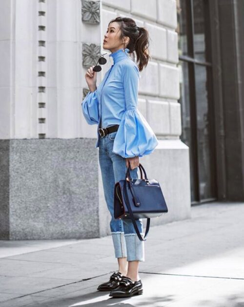Ruffle Stand Collar Long Wide Lantern Sleeves Solid Blouse