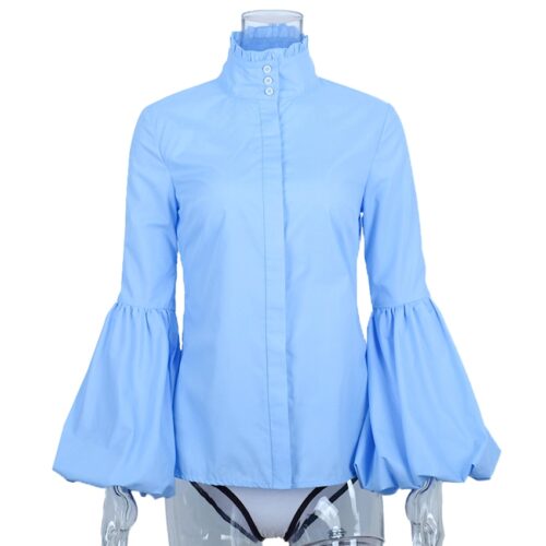 Spring / Autumn Ruffle Stand Collar Long Wide Lantern Sleeves Solid Blouse - Image 2