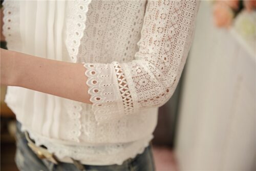 Spring / Autumn Korean Stand Collar Three-Quarter Sleeves Pleated Hollow Out Lace Blouse - Image 4