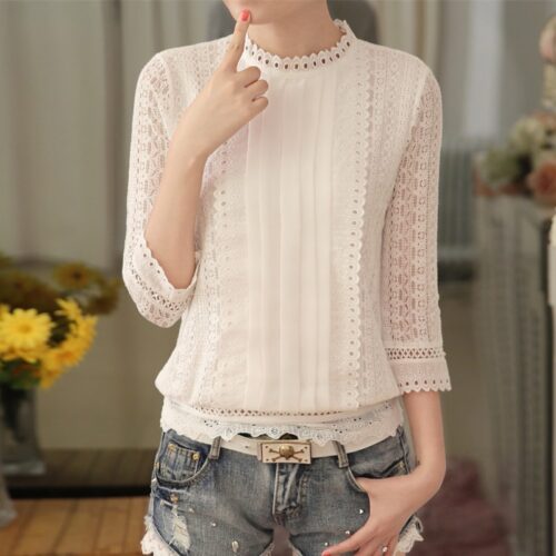 Stand Collar Three-Quarter Sleeves Pleated Hollow Out Lace Blouse