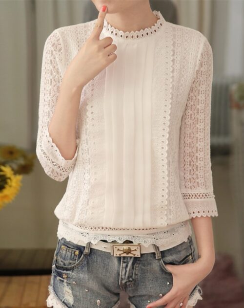 Stand Collar Three-Quarter Sleeves Pleated Hollow Out Lace Blouse