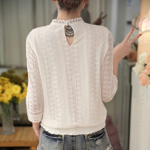 Spring / Autumn Korean Stand Collar Three-Quarter Sleeves Pleated Hollow Out Lace Blouse - Image 3