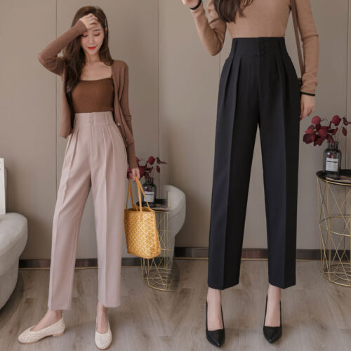 Spring / Autumn Korean High Waist Pockets Buttons Ankle-Length Straight Pants - Image 4