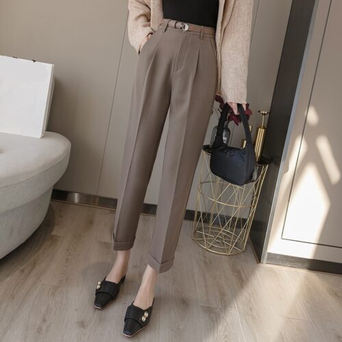 Spring / Autumn Korean High Waist Pockets Ankle-Length Straight Pants with Belt - Image 2