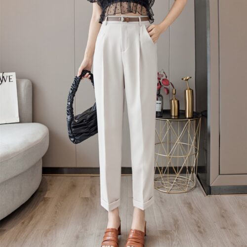 Spring / Autumn Korean High Waist Pockets Ankle-Length Straight Pants with Belt - Image 6