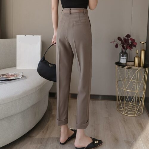 Spring / Autumn Korean High Waist Pockets Ankle-Length Straight Pants with Belt - Image 3