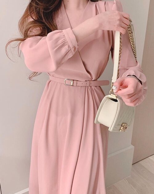 Crisscross V-Neck Long Sleeves Midi Dress with Belt