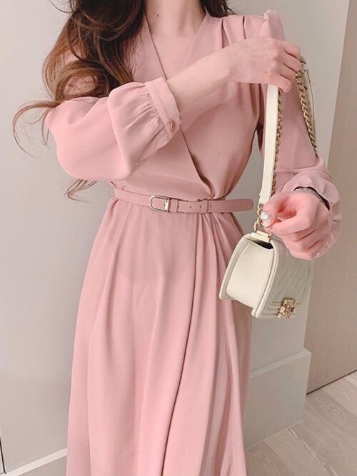 Crisscross V-Neck Long Sleeves Midi Dress with Belt