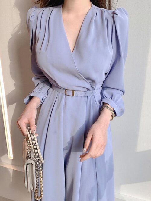 Spring / Autumn Korean Crisscross V-Neck Long Sleeves Midi Dress with Belt - Image 4